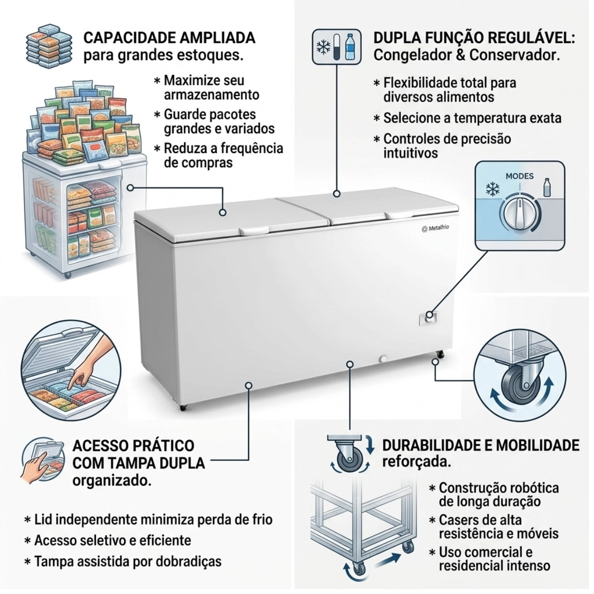 FREEZER HORIZONTAL METALFRIO 543L DUPLA ACAO INVERTER BIVOLT