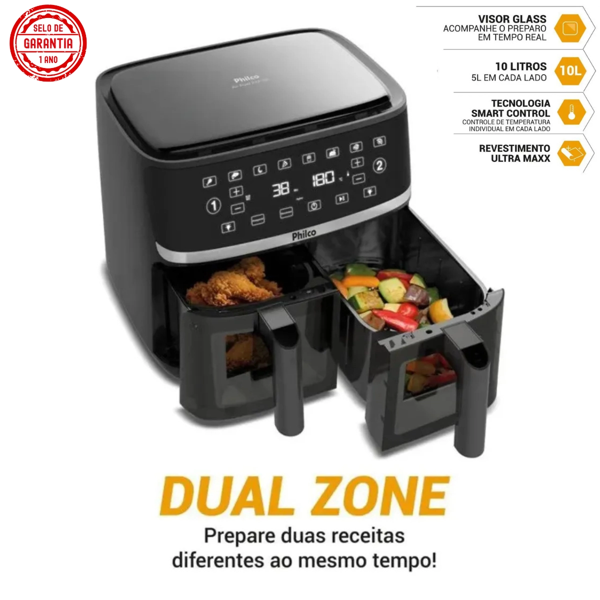 FRITADEIRA AIR FRYER PHILCO 10L CESTO DUAL ZONE 2000W PAF10A 127V FRITADEIRA AIR FRYER PHILCO 10L CESTO DUAL ZONE 2000W PAF10A 127V