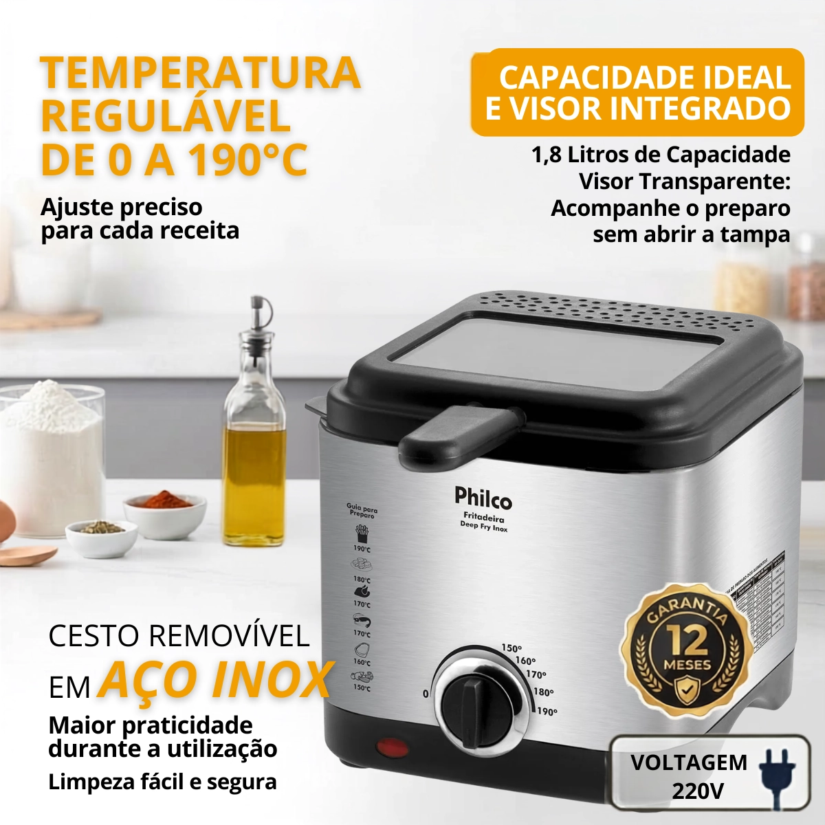 FRITADEIRA ELÉTRICA PHILCO 900W DEEP FRY INOX 1,8 LITROS 220V