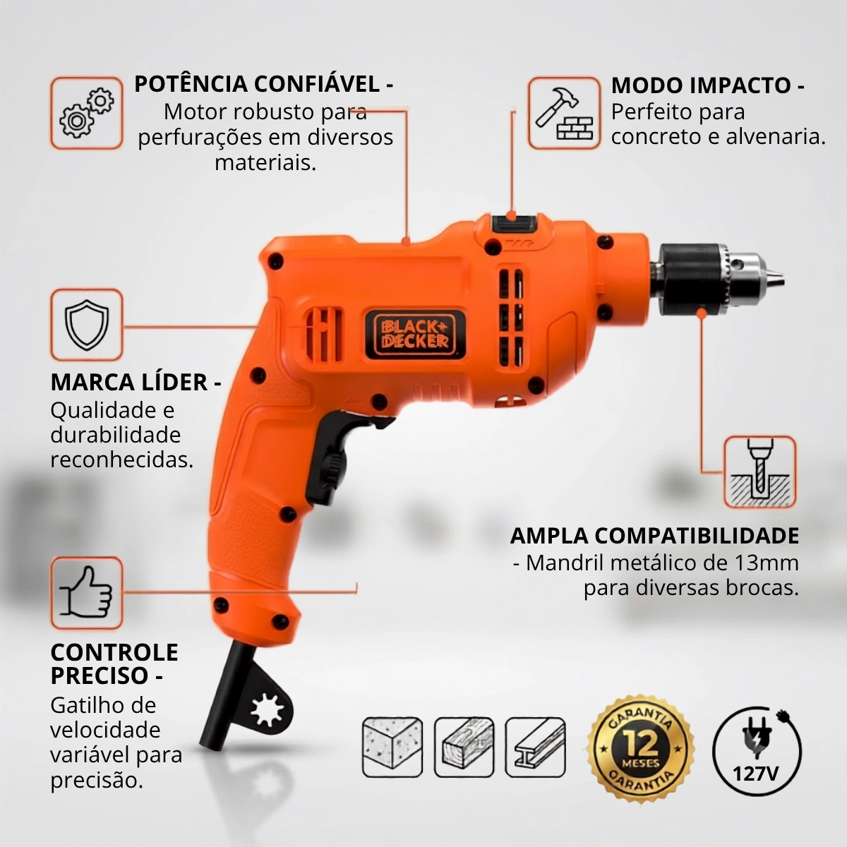 FURADEIRA DE IMPACTO BLACK DECKER 550W 3/8 10MM 127V FURADEIRA DE IMPACTO BLACK DECKER 550W 3/8 10MM 127V
