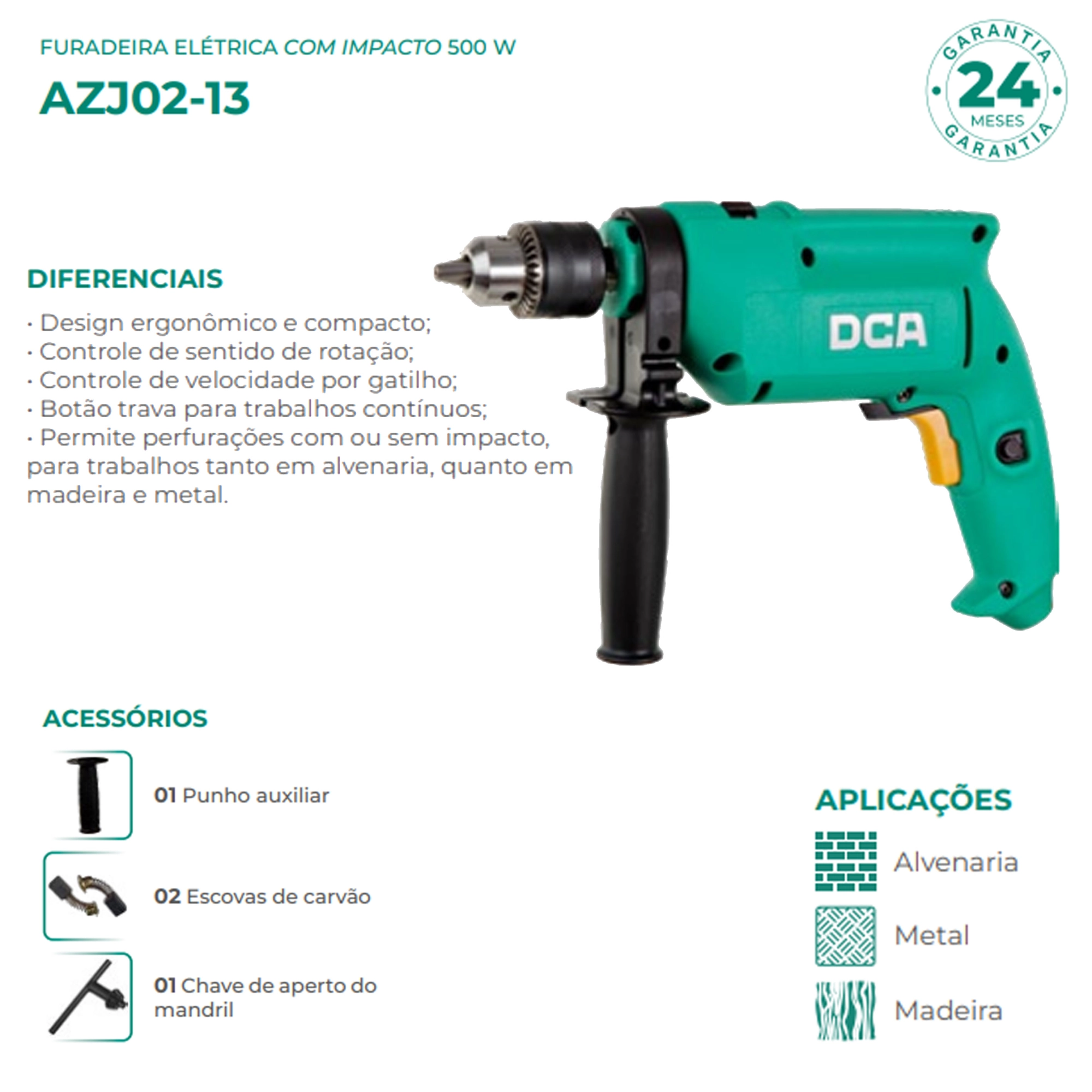 Furadeira de Impacto DCA 500W 1/2&quot; 220V AZJ02-13 Uso Profissional

