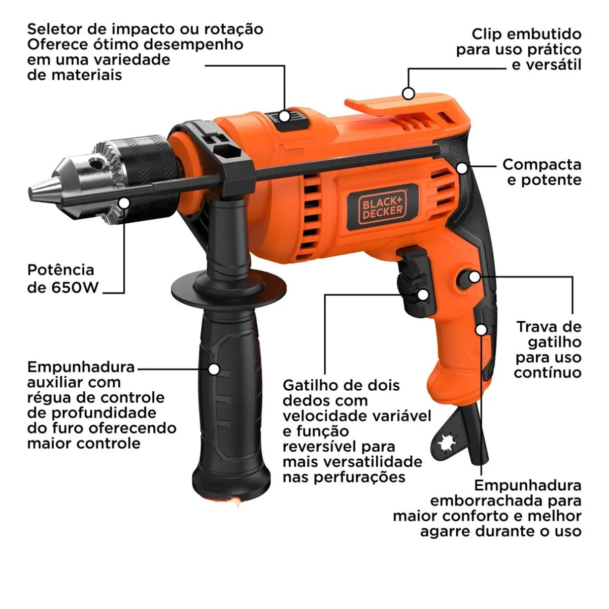 FURADEIRA IMPACTO 1/2 127V LARANJA 560W 2800 RPM BLACK DECKER COM CHAVE FURADEIRA IMPACTO 1/2 127V LARANJA 560W 2800 RPM BLACK DECKER COM CHAVE