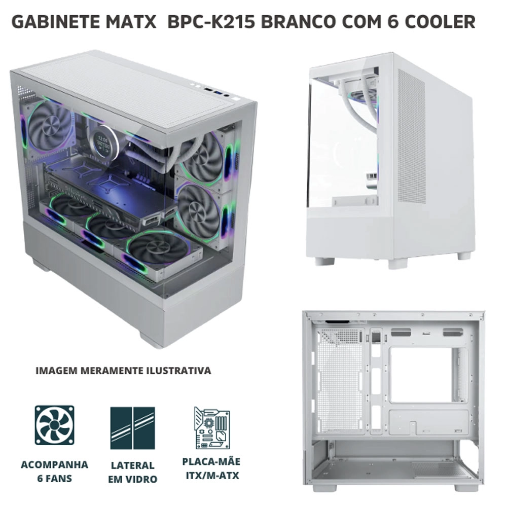 GABINETE GAMER BPC-K215 M-ATX BRANCO C/ 6 COOLER LATERAL DE VIDRO