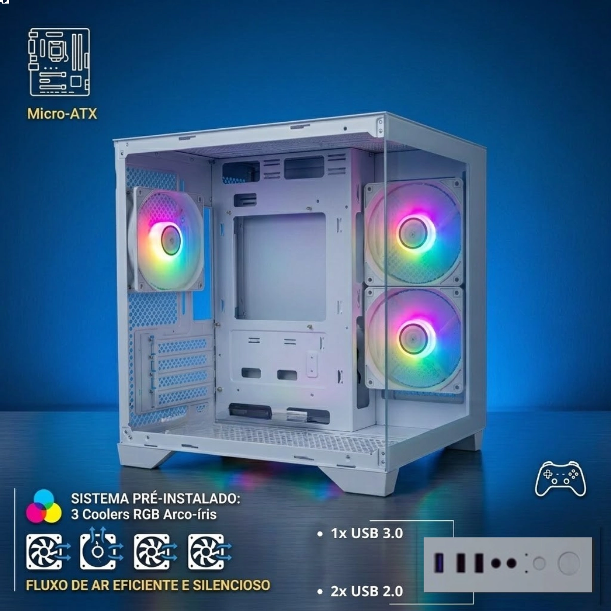 GABINETE MATX BRAZILPC GAMER AQUARIO BPC-240 BRANCO COM 3 COOLER ARCO IRIS SEM FONTE
