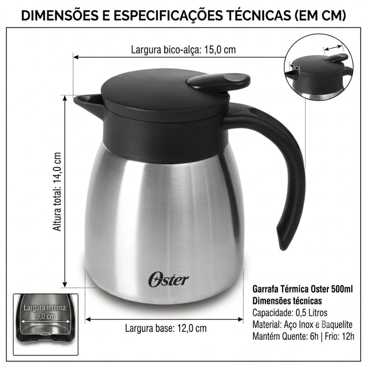 GARRAFA BULE TÉRMICO OSTER 500ML CAFÉ CHÁ INOX CASSELBECK GARRAFA BULE TÉRMICO OSTER 500ML CAFÉ CHÁ INOX CASSELBECK