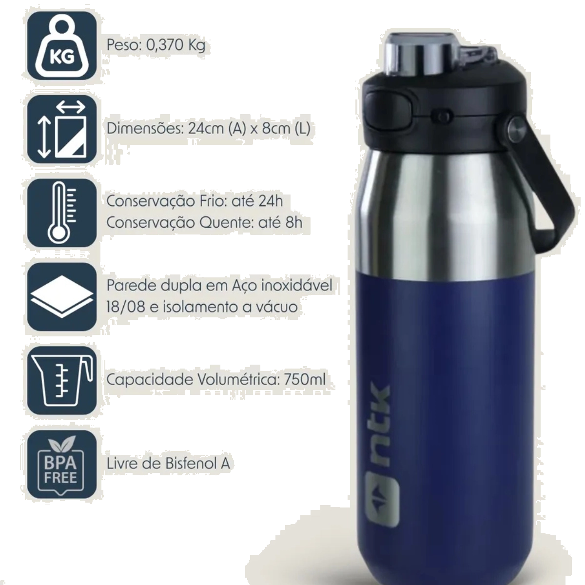 GARRAFA TÉRMICA NAUTIKA ISOMAX 750ML INOX DUPLO AZUL ALÇA