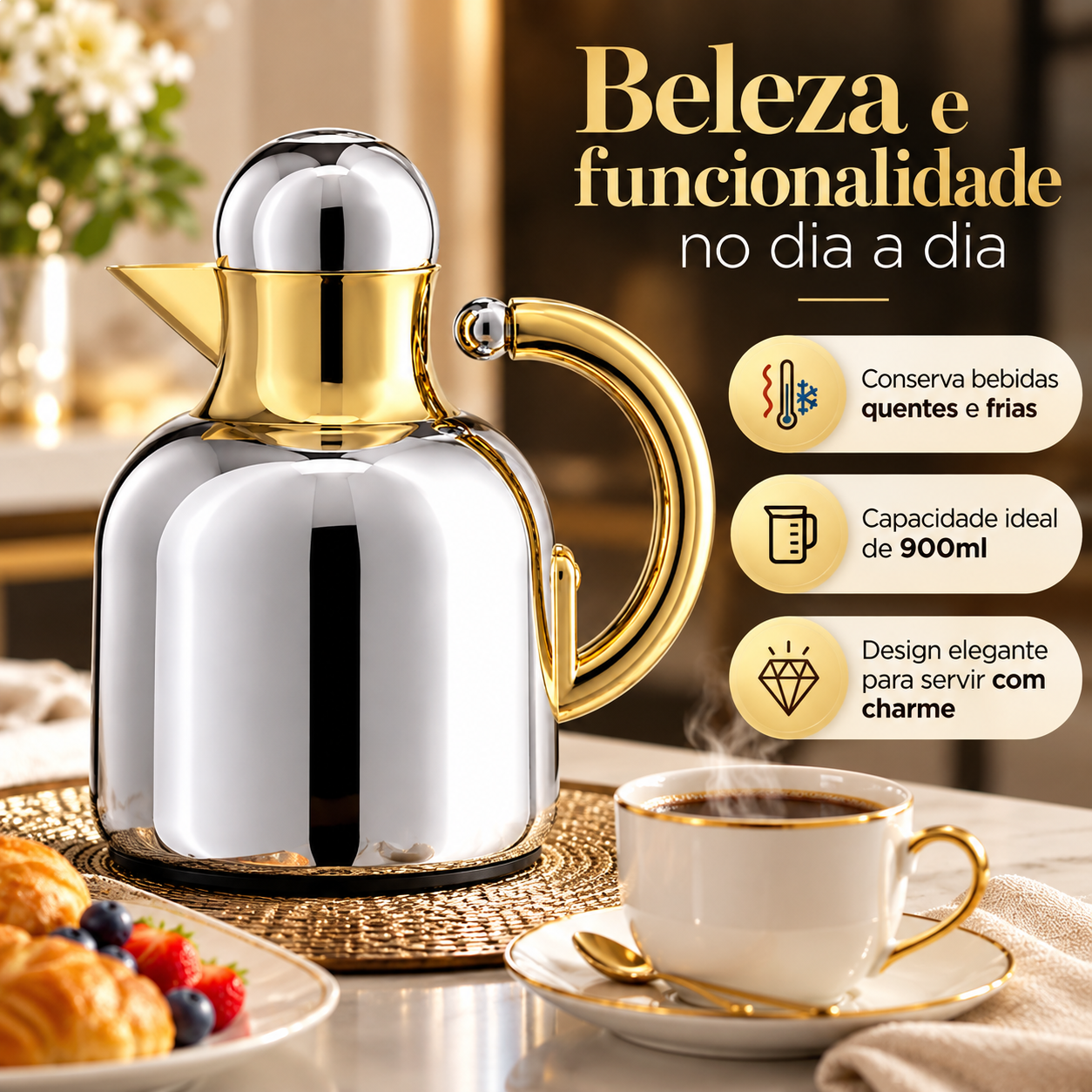 GARRAFA TÉRMICA RAVARO CROMO TUUT 600ML COM ALÇA E BICO SERVIDOR