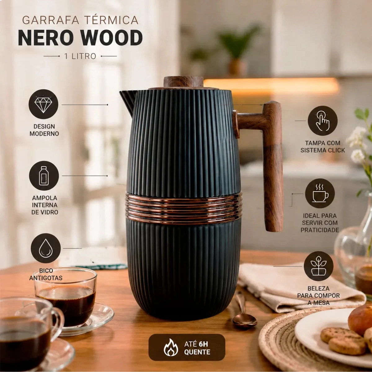 GARRAFA TERMICA NERO WOOD PRETA 1L CAFE E CHA TAMPA CLICK GARRAFA TERMICA NERO WOOD PRETA 1L CAFE E CHA TAMPA CLICK