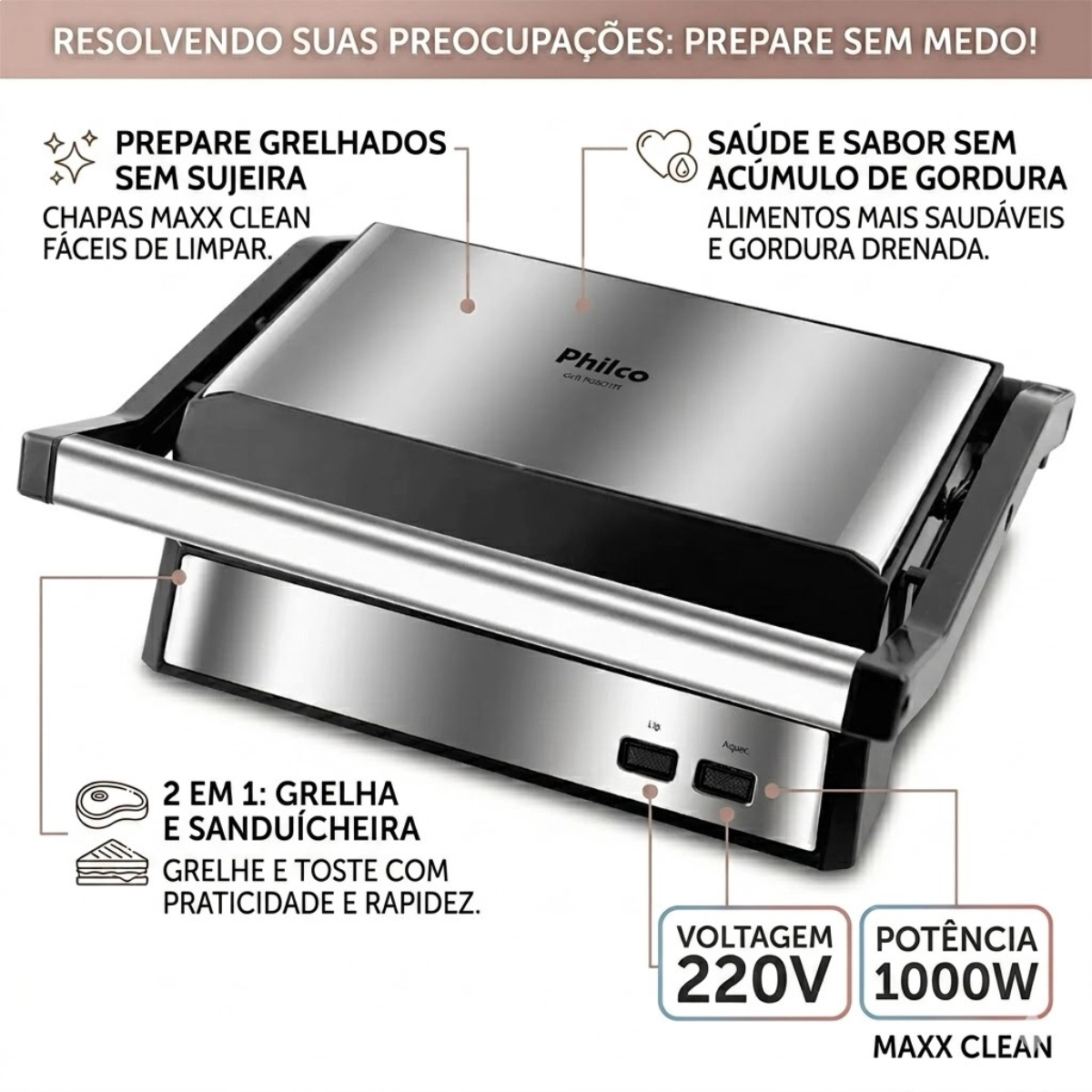 GRILL E SANDUICHEIRA PHILCO PGR21PI  MAXX CLEAN CINZA 220V ANTIADERENTE COM COLETOR DE GORDURA