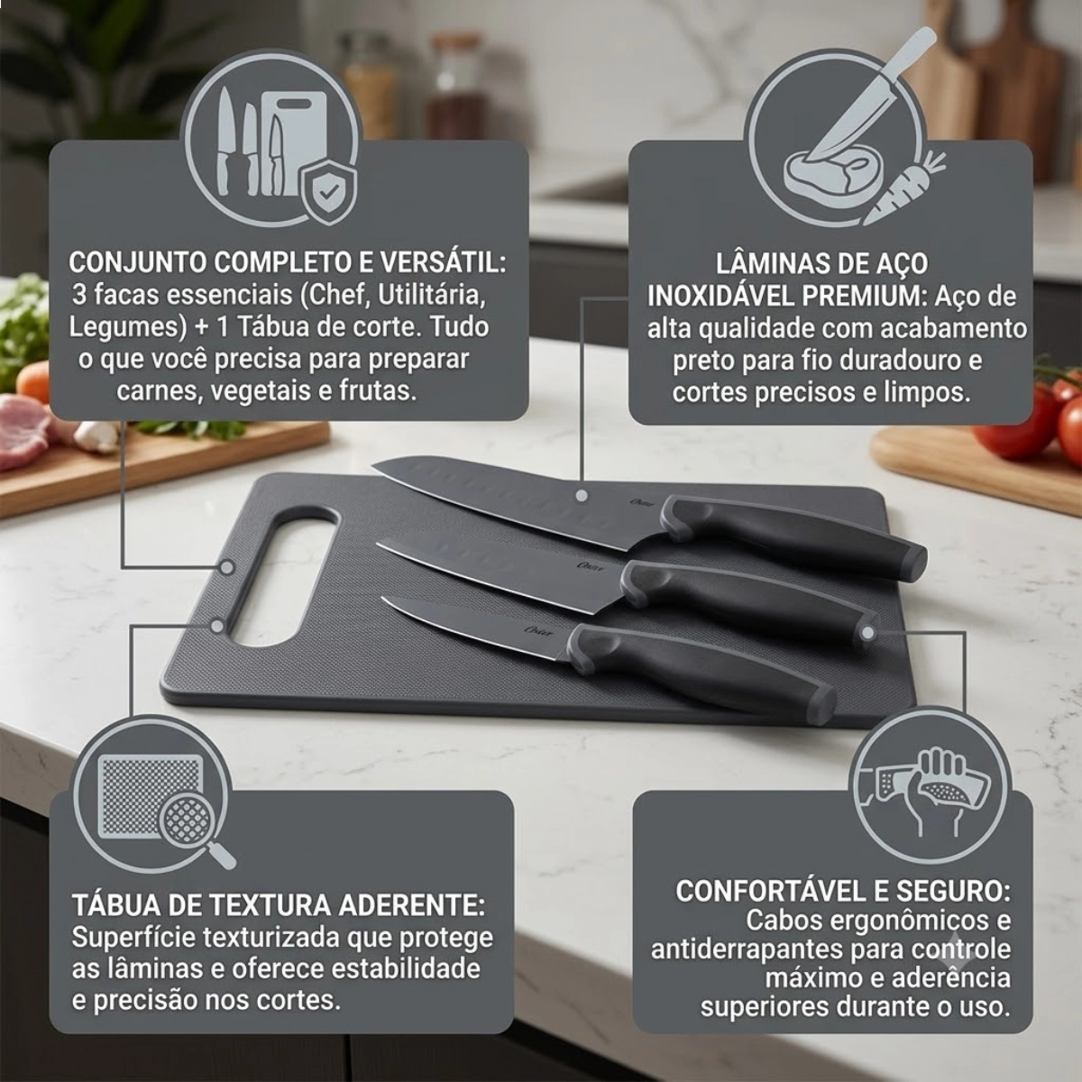 JOGO DE FACAS OSTER COM 3 FACAS COZINHA E TÁBUA SLICE CRAFT