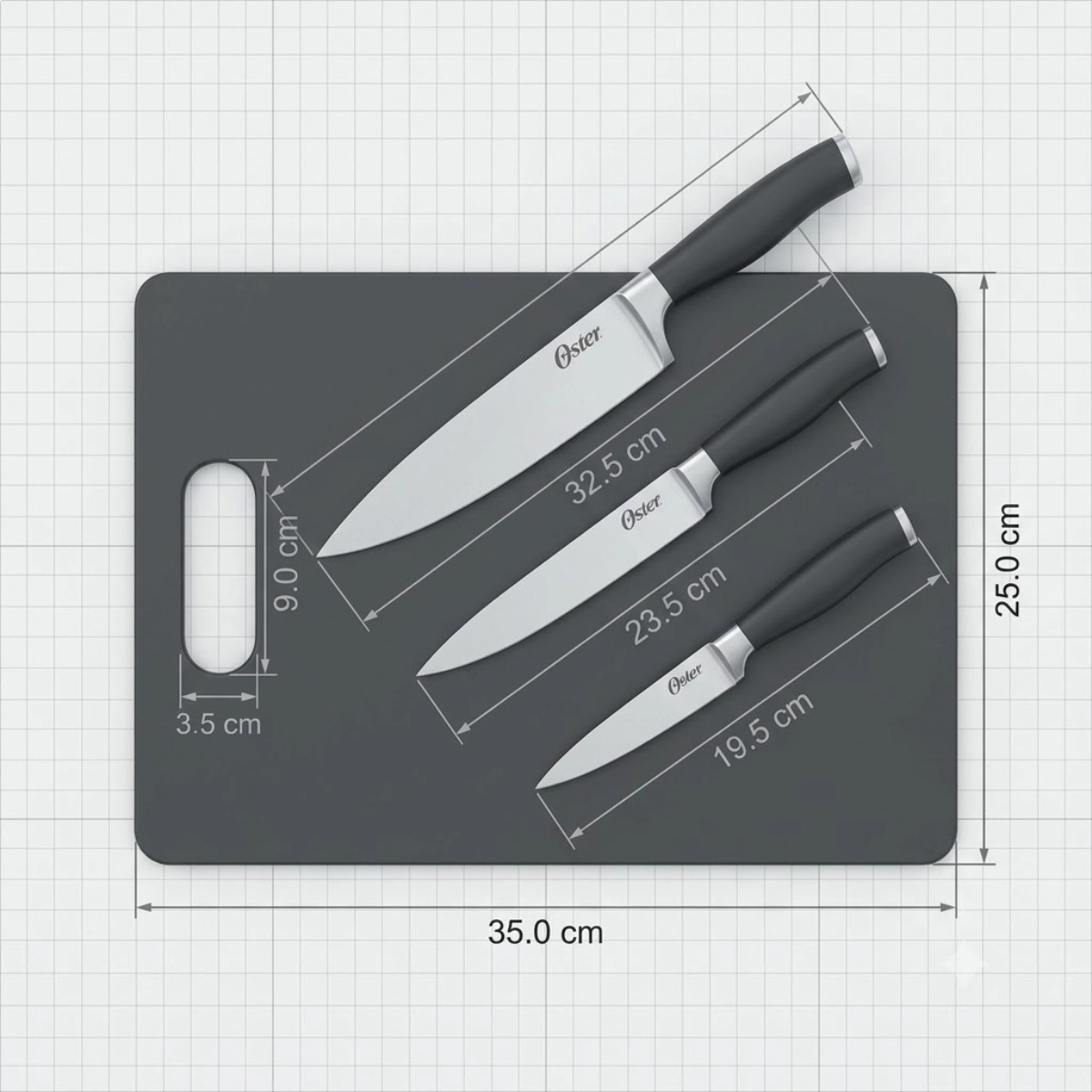 JOGO DE FACAS OSTER COM 3 FACAS COZINHA E TÁBUA SLICE CRAFT