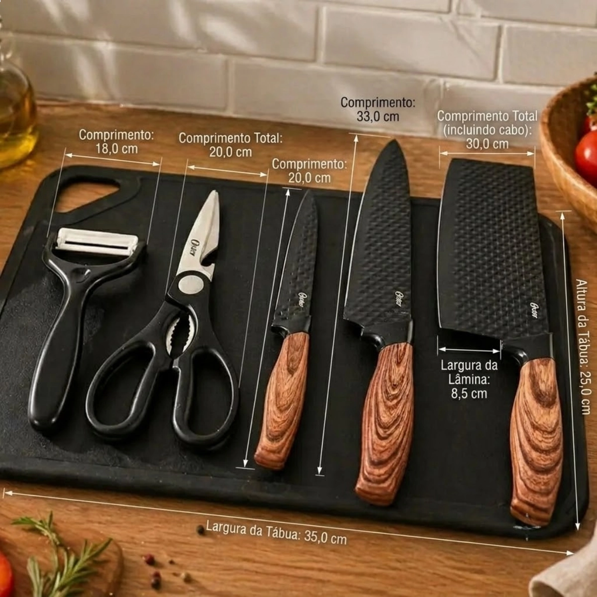 JOGO DE FACAS OSTER GUNDERSON 5 PEÇAS INOX ANTIADERENTE COM TÁBUA E CUTELO PROFISSIONAL JOGO DE FACAS OSTER GUNDERSON 5 PEÇAS INOX ANTIADERENTE COM TÁBUA E CUTELO PROFISSIONAL