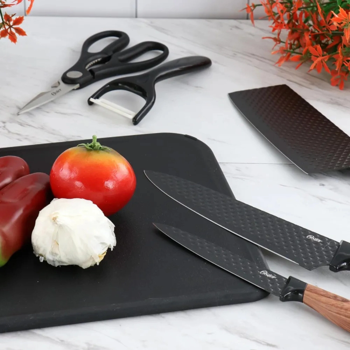 JOGO DE FACAS OSTER GUNDERSON 5 PEÇAS INOX ANTIADERENTE COM TÁBUA E CUTELO PROFISSIONAL JOGO DE FACAS OSTER GUNDERSON 5 PEÇAS INOX ANTIADERENTE COM TÁBUA E CUTELO PROFISSIONAL