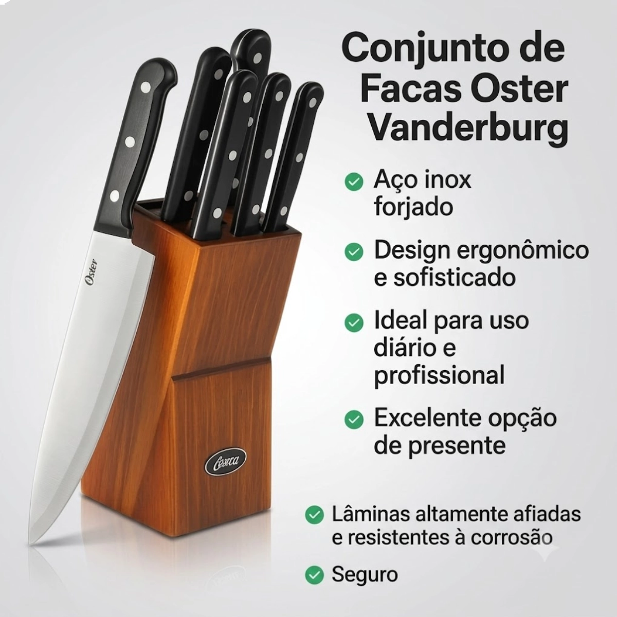 JOGO DE FACAS OSTER VANDERBURG 6 PEÇAS EM AÇO INOX E CEPO