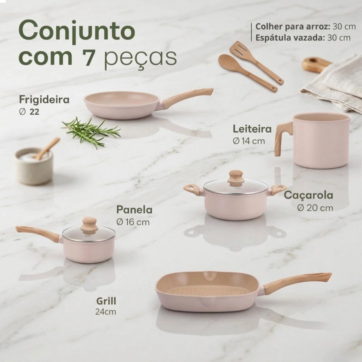 JOGO DE PANELAS INADUÇÃO ANTIADERENTE 7 PEÇAS FUNDO TRIPLO VANILLA LATTE