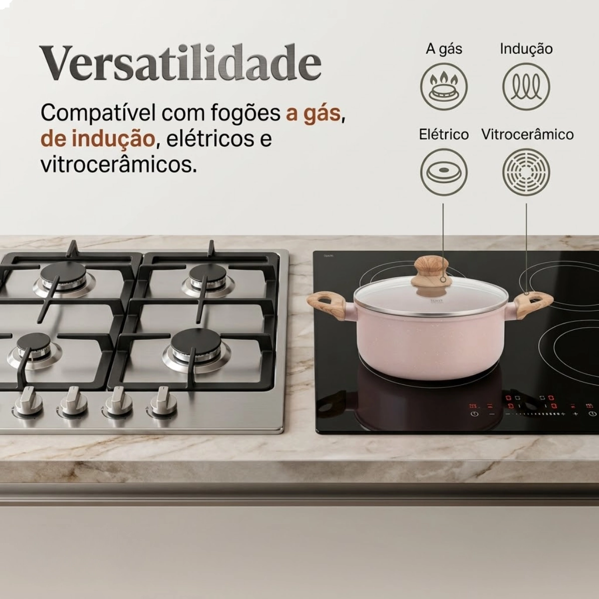 JOGO DE PANELAS INADUÇÃO ANTIADERENTE 7 PEÇAS FUNDO TRIPLO VANILLA LATTE