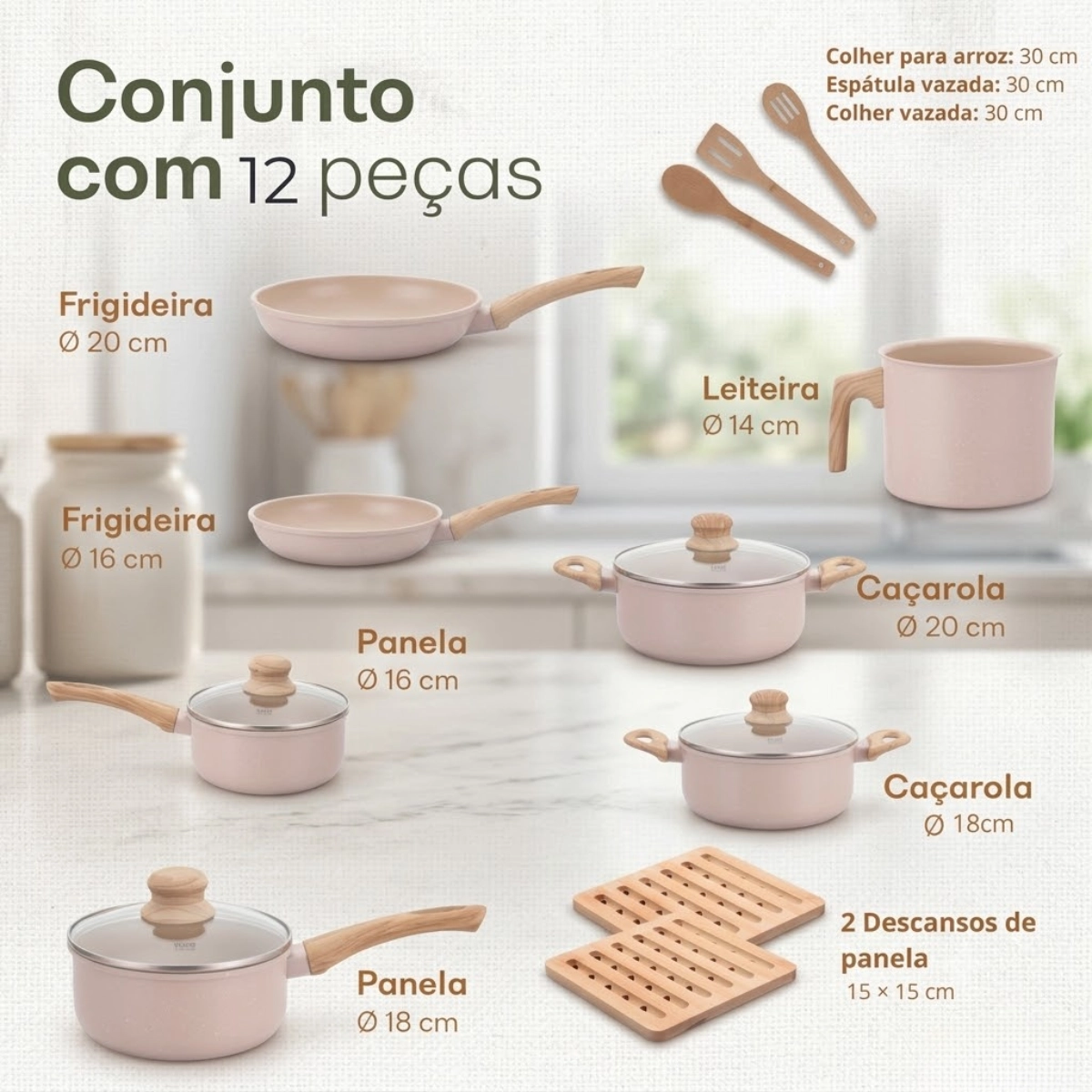 Jogo de Panelas Indução Antiaderente 12 Peças Fundo Triplo Alumínio Ecoglide Vanilla Latte Jogo de Panelas Indução Antiaderente 12 Peças Fundo Triplo Alumínio Ecoglide Vanilla Latte