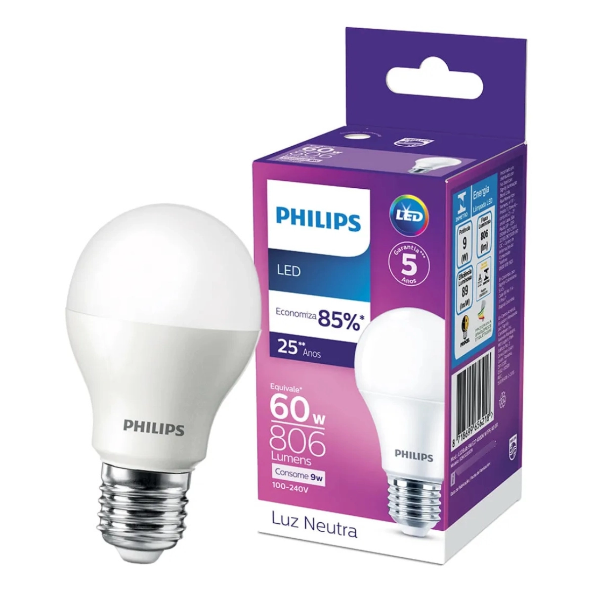 KIT 10 LÂMPADAS LED BULBO PHILIPS A60 9W 4000K 806LM BIVOLT