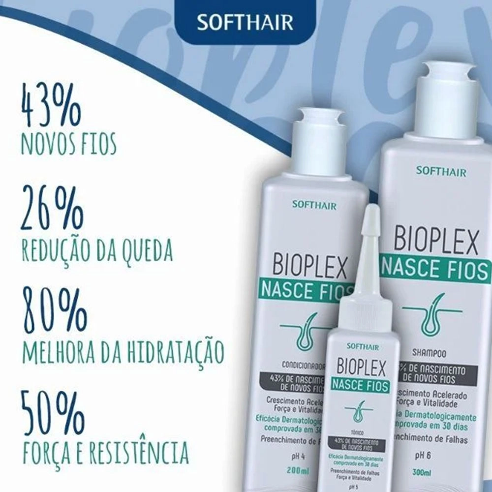 KIT BIOPLEX SHAMPOO CONDICIONADOR E TÔNICO CAPILAR NASCE FIOS SOFT HAIR 