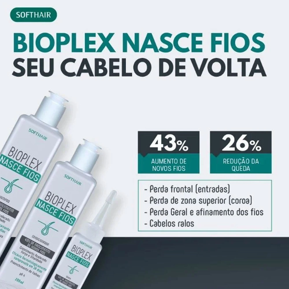 KIT BIOPLEX SHAMPOO CONDICIONADOR E TÔNICO CAPILAR NASCE FIOS SOFT HAIR 