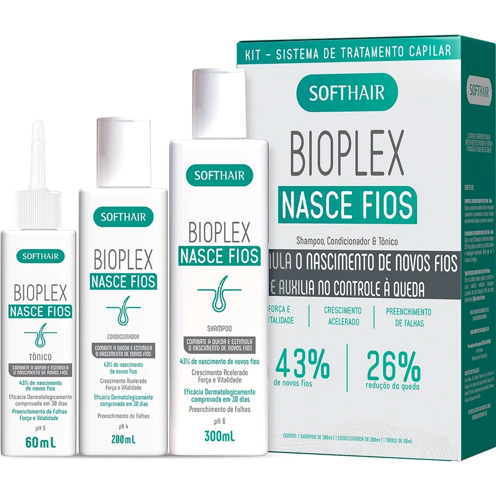 KIT BIOPLEX SHAMPOO CONDICIONADOR E TÔNICO CAPILAR NASCE FIOS SOFT HAIR 