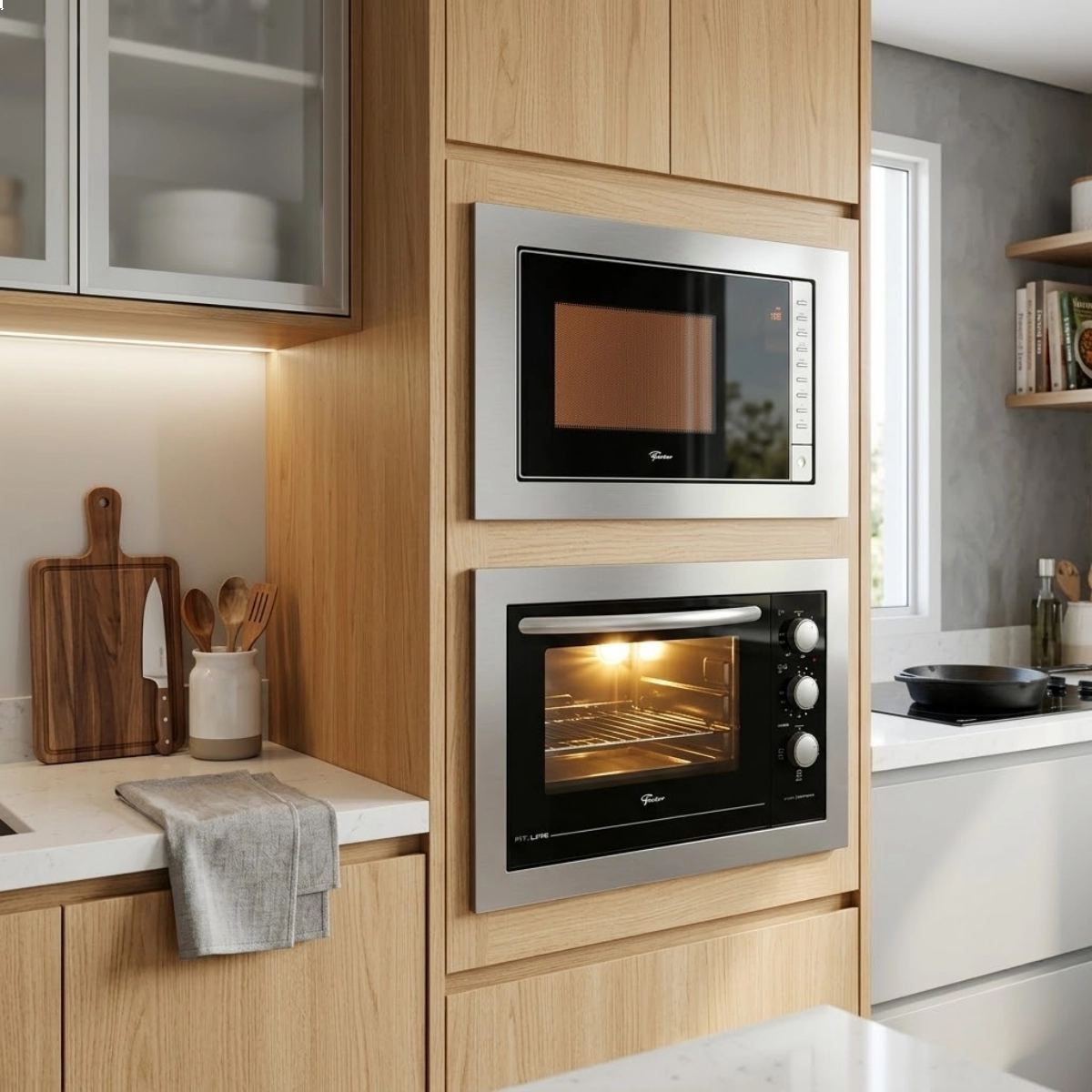 KIT FIT LINE FORNO ELETRICO 48L E MICRO ONDAS 25L DE EMBUTIR EM INOX 127V FISCHER
