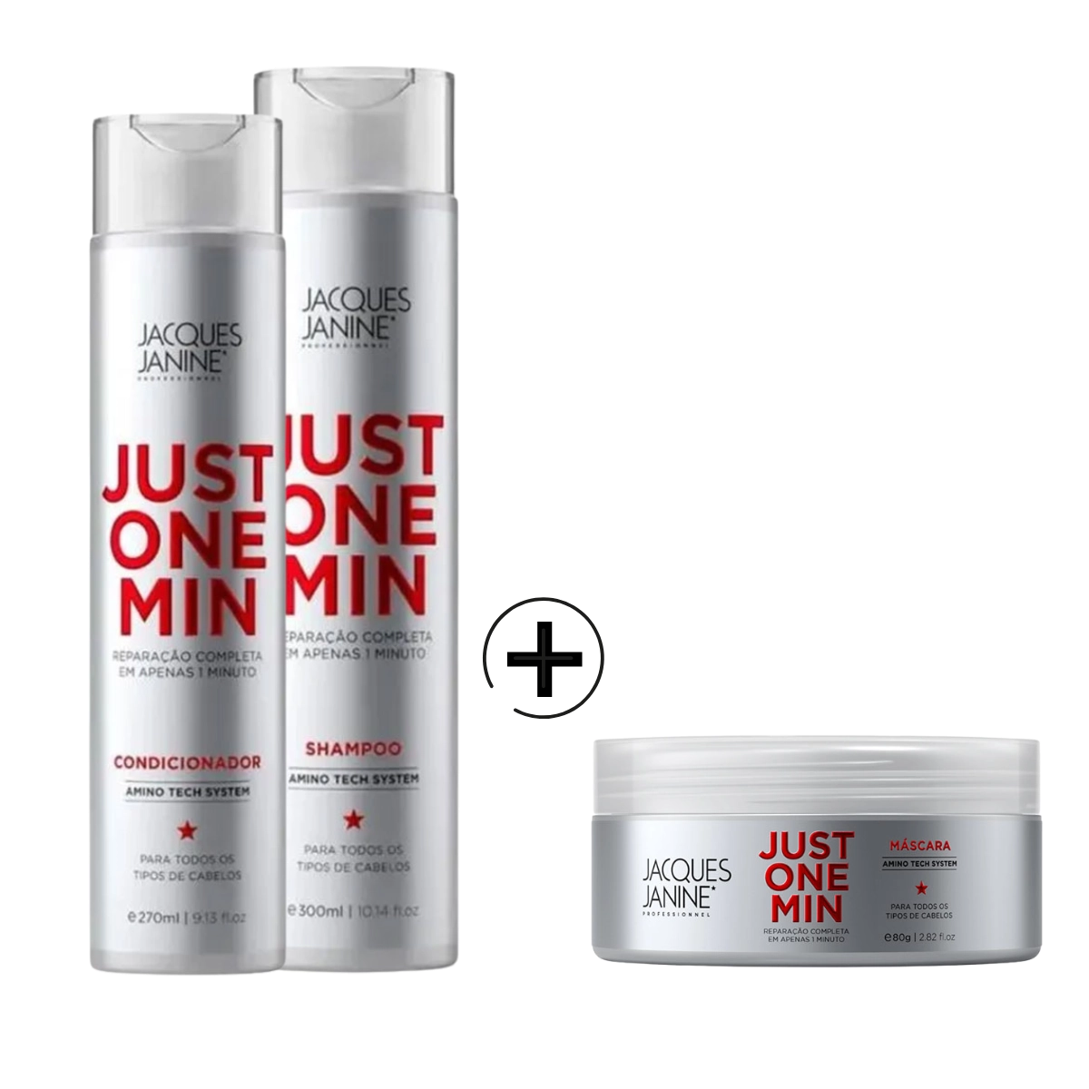 KIT JACQUES JANINE JUST ONE MINUTE SHAMPOO, CONDICIONADOR E MÁSCARA 80G