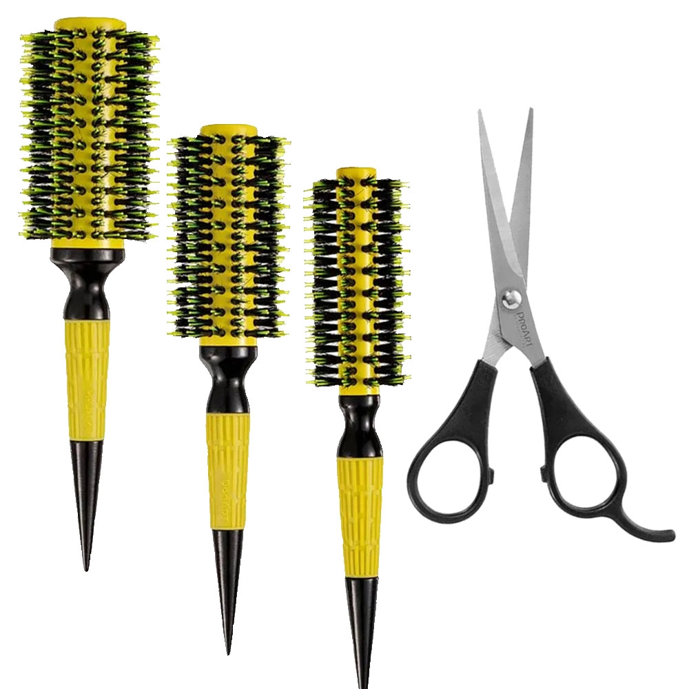 KIT PROART C/ 3 ESCOVAS AMARELAS E UMA TESOURA FIRST FIO LASER