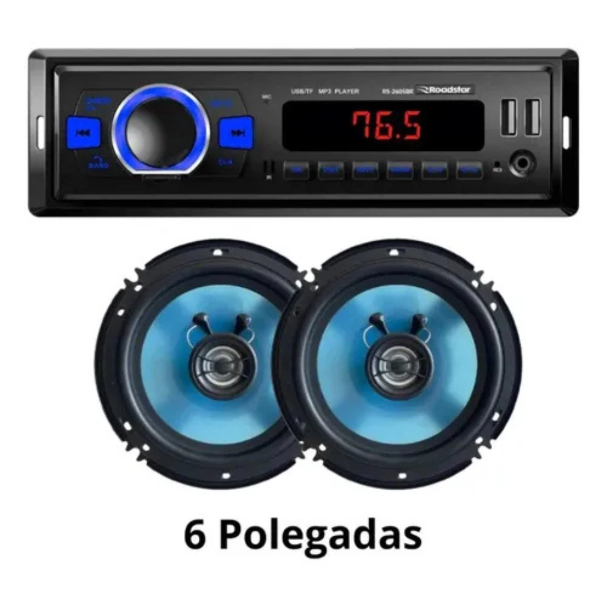 Kit Som Automotivo Roadstar RS-2660BR: Auto Rádio Bluetooth + 2 Alto-Falantes 6