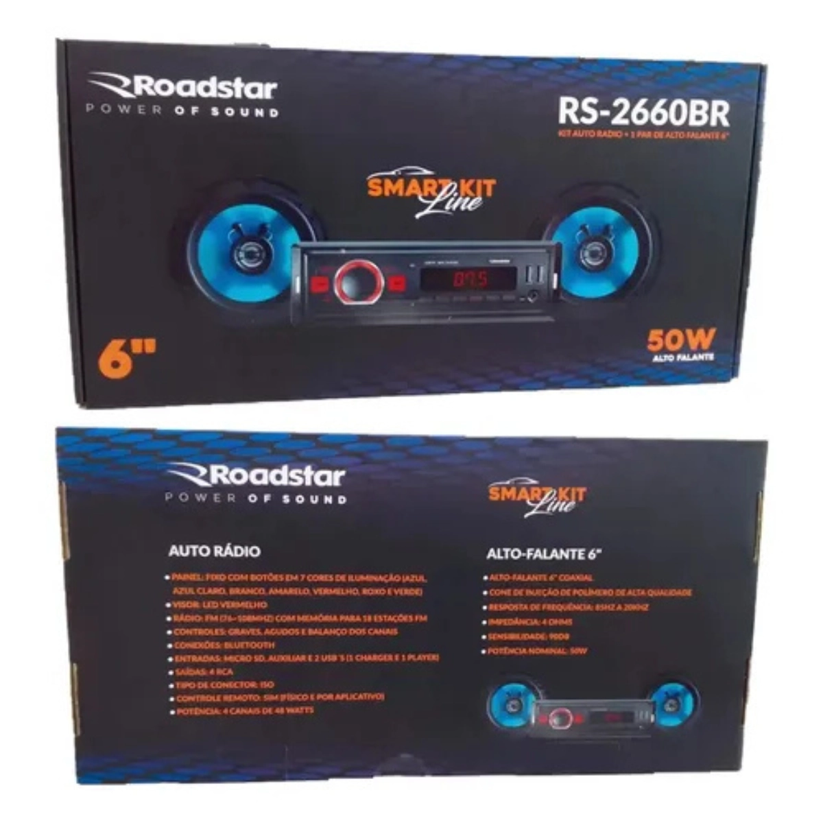 Kit Som Automotivo Roadstar RS-2660BR: Auto Rádio Bluetooth + 2 Alto-Falantes 6