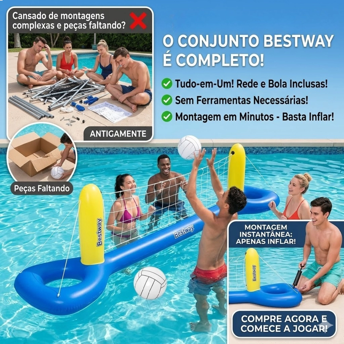KIT VOLEIBOL INFLAVEL BRINQUEDO PARA PISCINA BESTWAY AZUL