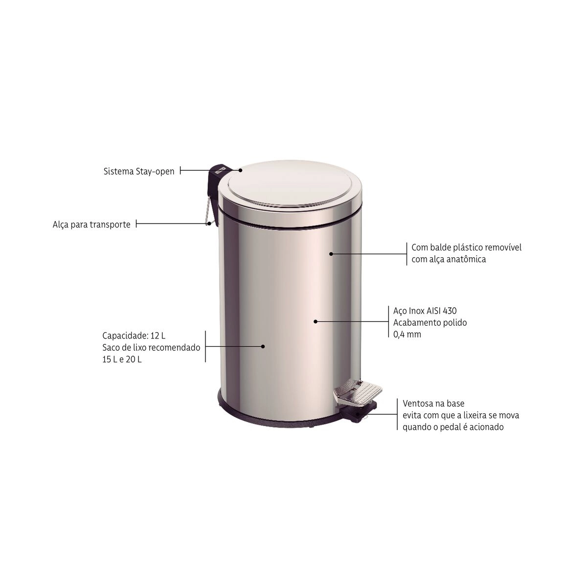 LIXEIRA ACO INOX COM PEDAL BRASIL 12 LITROS TRAMONTINA