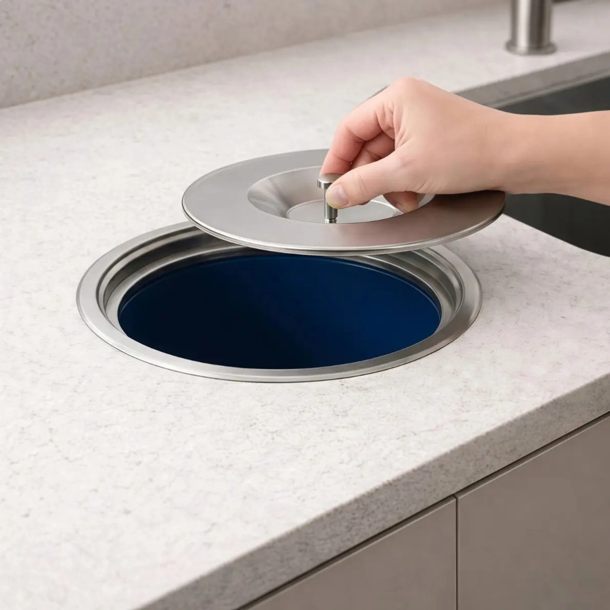 LIXEIRA DE EMBUTIR PARA PIA BANCADA 8 LITROS AÇO INOX 304 PRATA COM AZUL LIXEIRA DE EMBUTIR PARA PIA BANCADA 8 LITROS AÇO INOX 304 PRATA COM AZUL