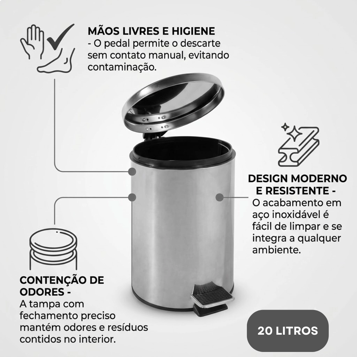LIXEIRA REDONDA 20 LITROS INOX CINZA VONDER LIXEIRA REDONDA 20 LITROS INOX CINZA VONDER