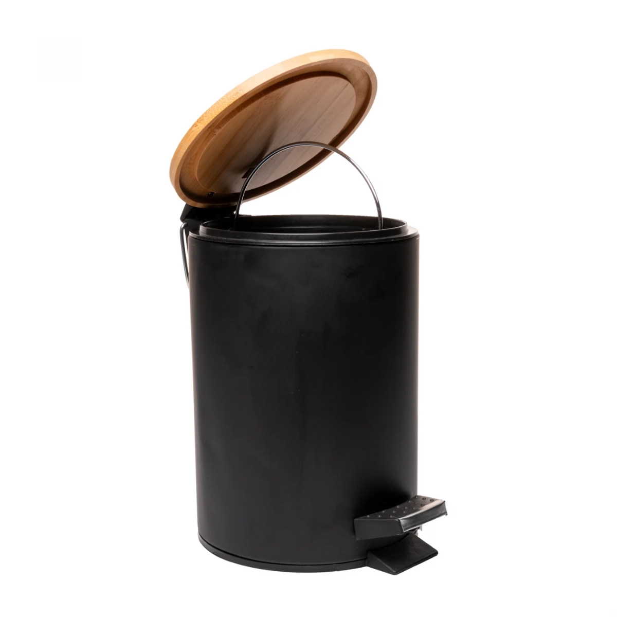 LIXEIRA REDONDA 3 LITROS METAL COM PEDAL E TAMPA EM BAMBU PRETA