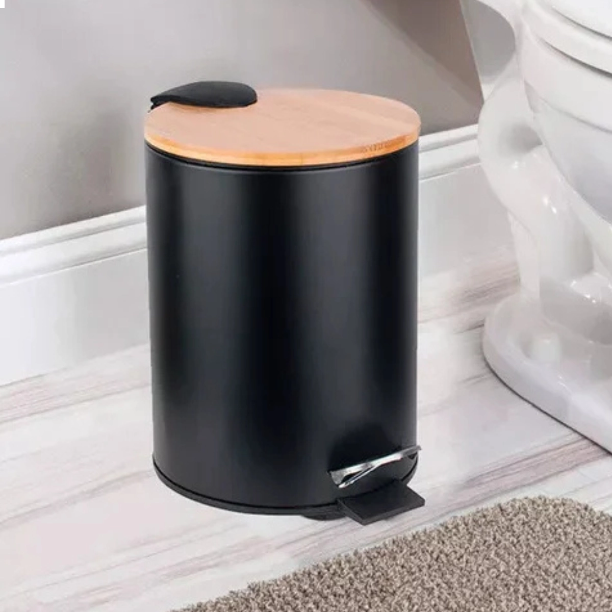 LIXEIRA REDONDA 3 LITROS METAL COM PEDAL E TAMPA EM BAMBU PRETA