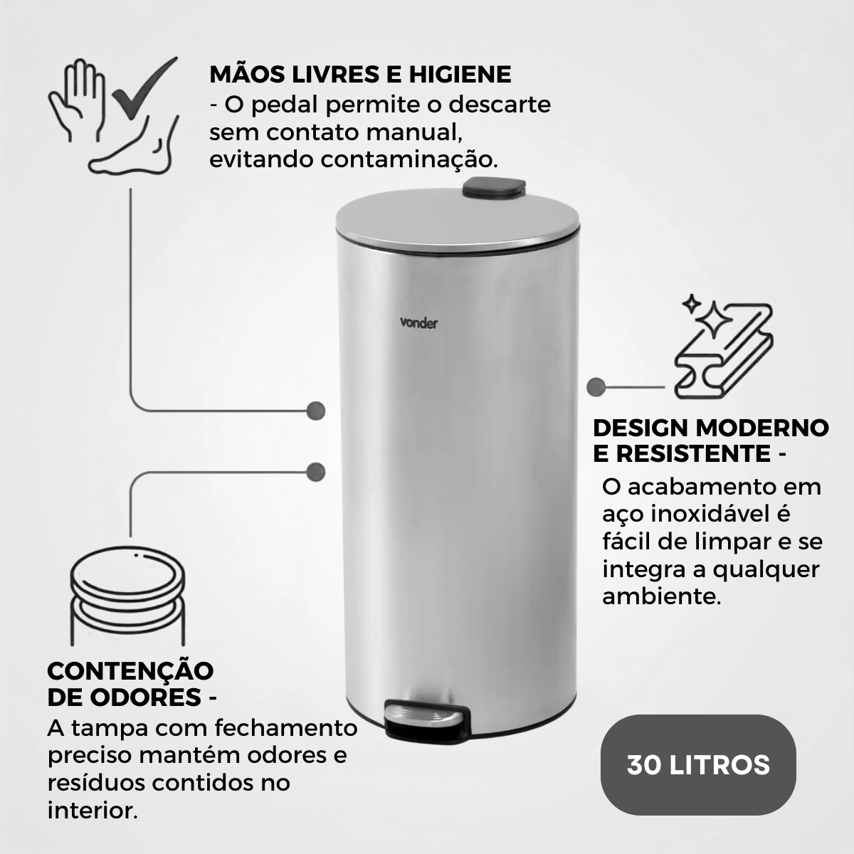 LIXEIRA REDONDA 30 LITROS INOX CINZA VONDER LIXEIRA REDONDA 30 LITROS INOX CINZA VONDER