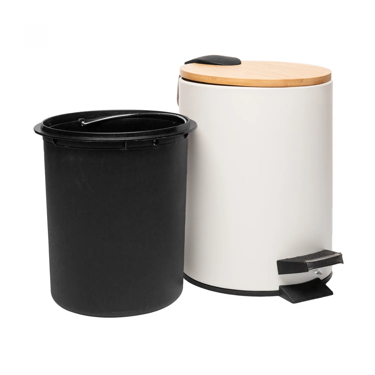 LIXEIRA REDONDA DE METAL COM PEDAL E TAMPA EM BAMBU BRANCA 5L LIXEIRA REDONDA DE METAL COM PEDAL E TAMPA EM BAMBU BRANCA 5L
