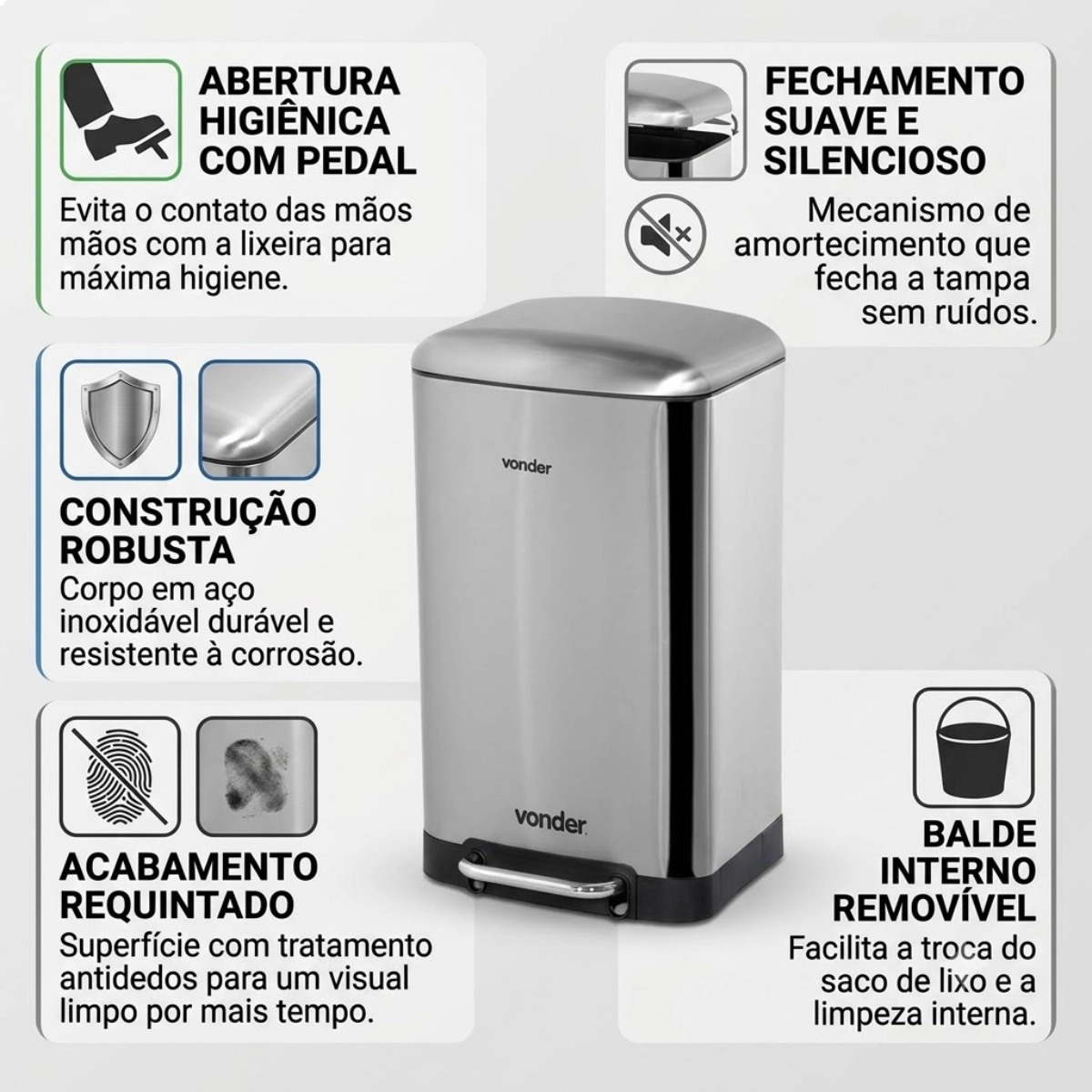 LIXEIRA RETANGULAR 30 LITROS INOX CINZA VONDER LIXEIRA RETANGULAR 30 LITROS INOX CINZA VONDER
