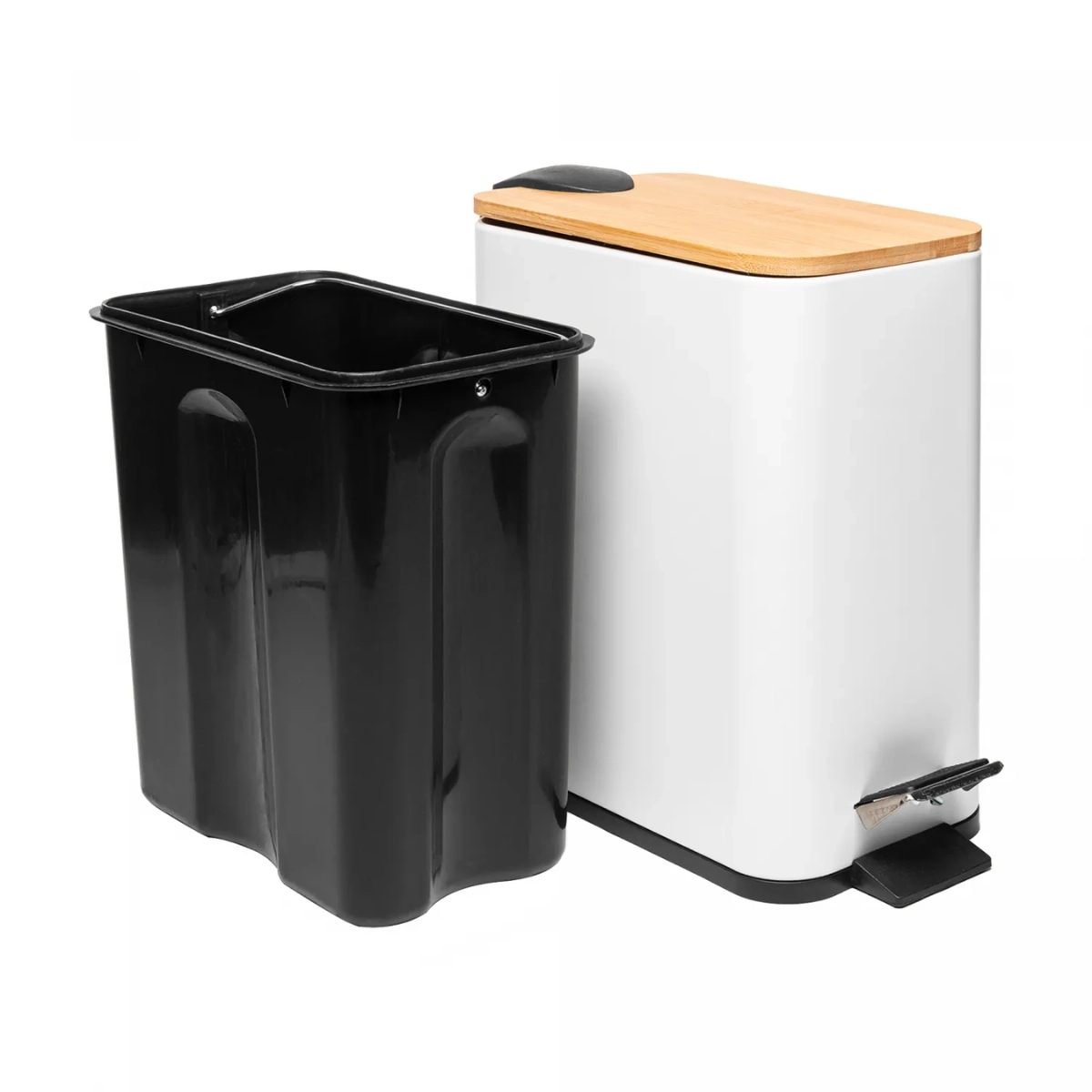 LIXEIRA RETANGULAR DE METAL COM PEDAL E TAMPA EM BAMBU BRANCA 5L LYOR