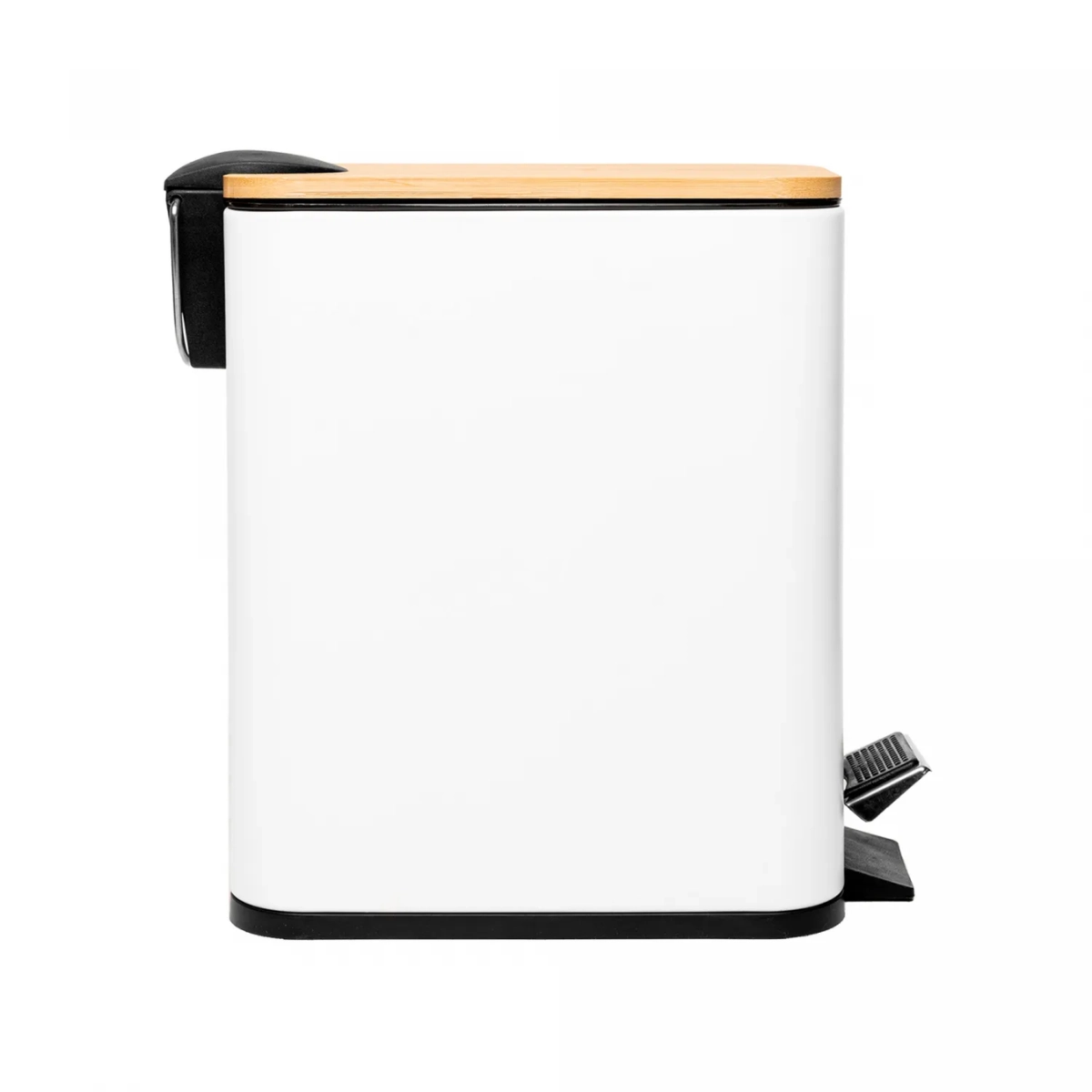 LIXEIRA RETANGULAR DE METAL COM PEDAL E TAMPA EM BAMBU BRANCA 5L LYOR