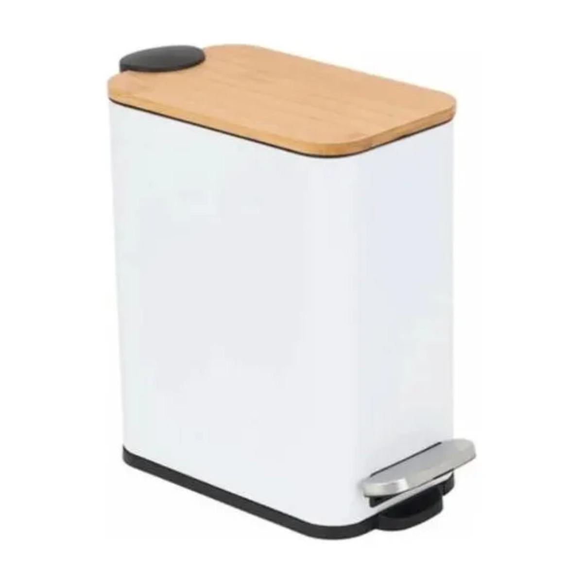 LIXEIRA RETANGULAR DE METAL COM PEDAL E TAMPA EM BAMBU BRANCA 5L LYOR