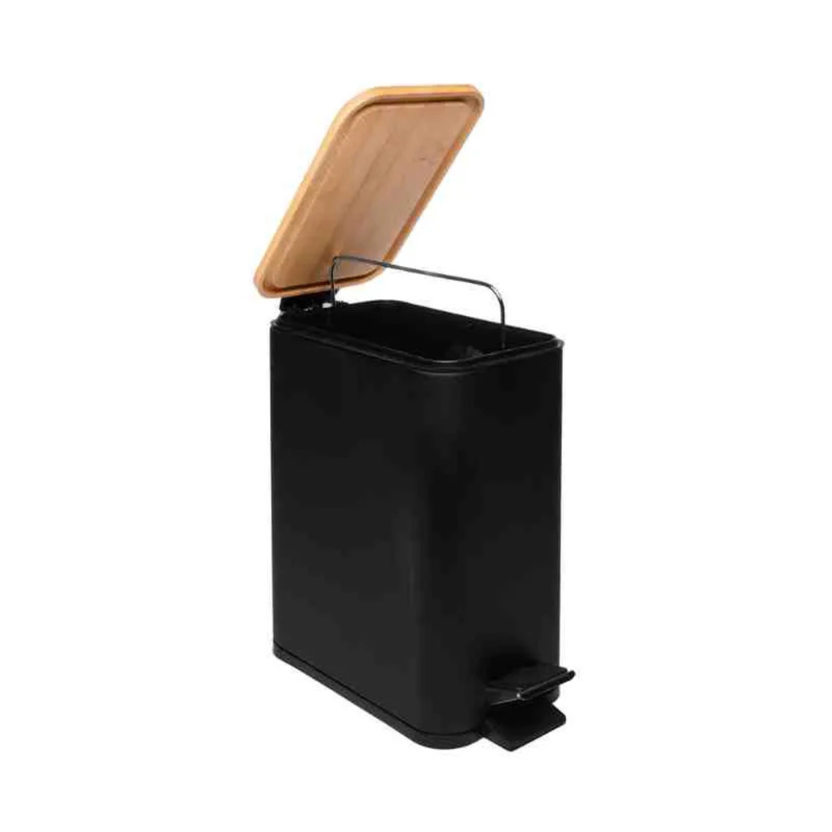 LIXEIRA RETANGULAR DE METAL COM PEDAL E TAMPA EM BAMBU PRETA 5L LYOR