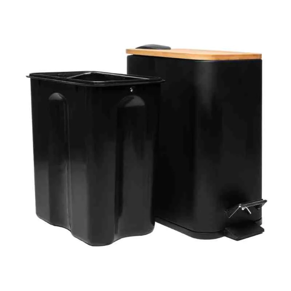 LIXEIRA RETANGULAR DE METAL COM PEDAL E TAMPA EM BAMBU PRETA 5L LYOR