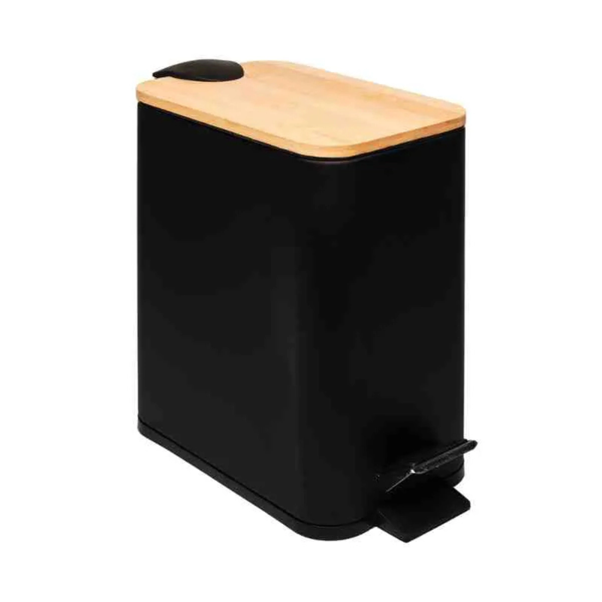 LIXEIRA RETANGULAR DE METAL COM PEDAL E TAMPA EM BAMBU PRETA 5L LYOR