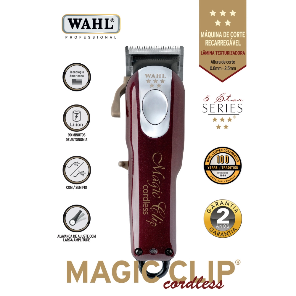 Máquina de Corte Wahl Magic Clip Cordless sem Fio Vermelha Bivolt