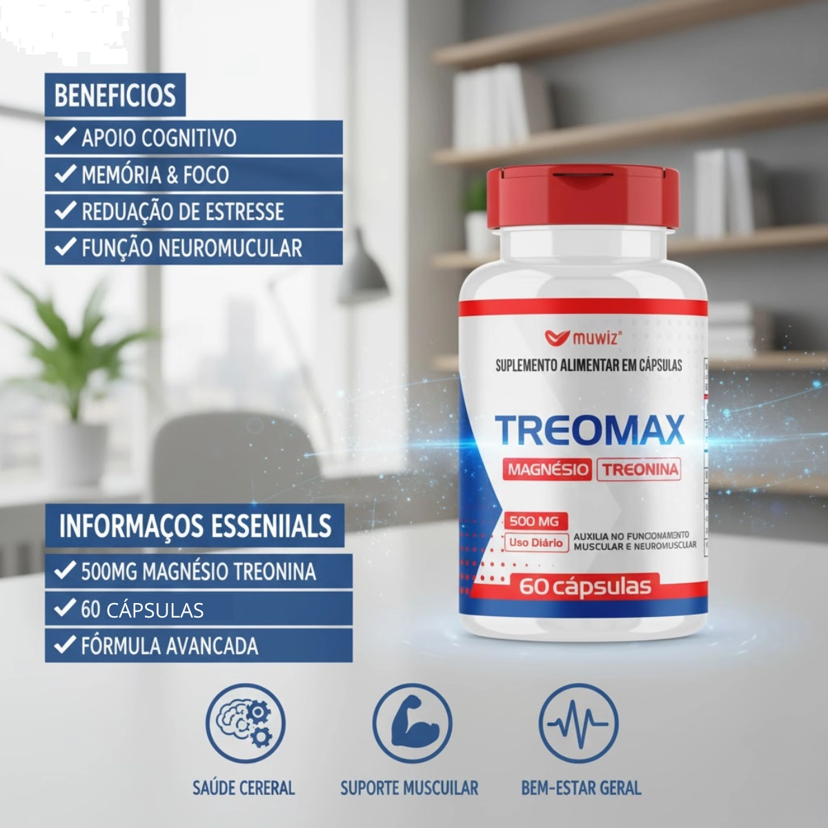 MAGNESIO TREONINA 500MG EM CAPSULAS SEM SABOR MUWIZ COM 60 CAPSULAS