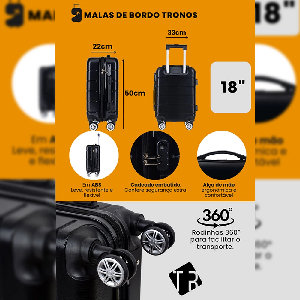 Mala de Bordo Tronos Cinza 4 Rodas 360 Graus Tamanho 18