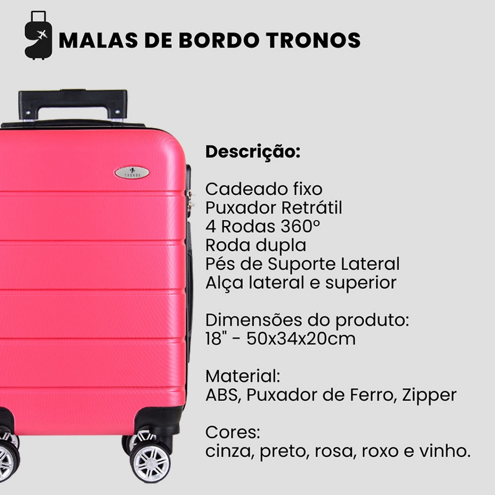 MALA DE BORDO TRONOS ROSA 4 RODAS 360 GRAUS TAMANHO 18 MALA DE BORDO TRONOS ROSA 4 RODAS 360 GRAUS TAMANHO 18