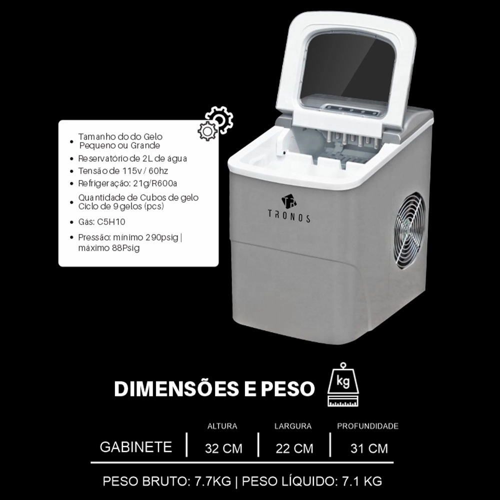 MAQUINA DE GELO 12KG TRONOS B12/B CINZA 2 LITROS 220V